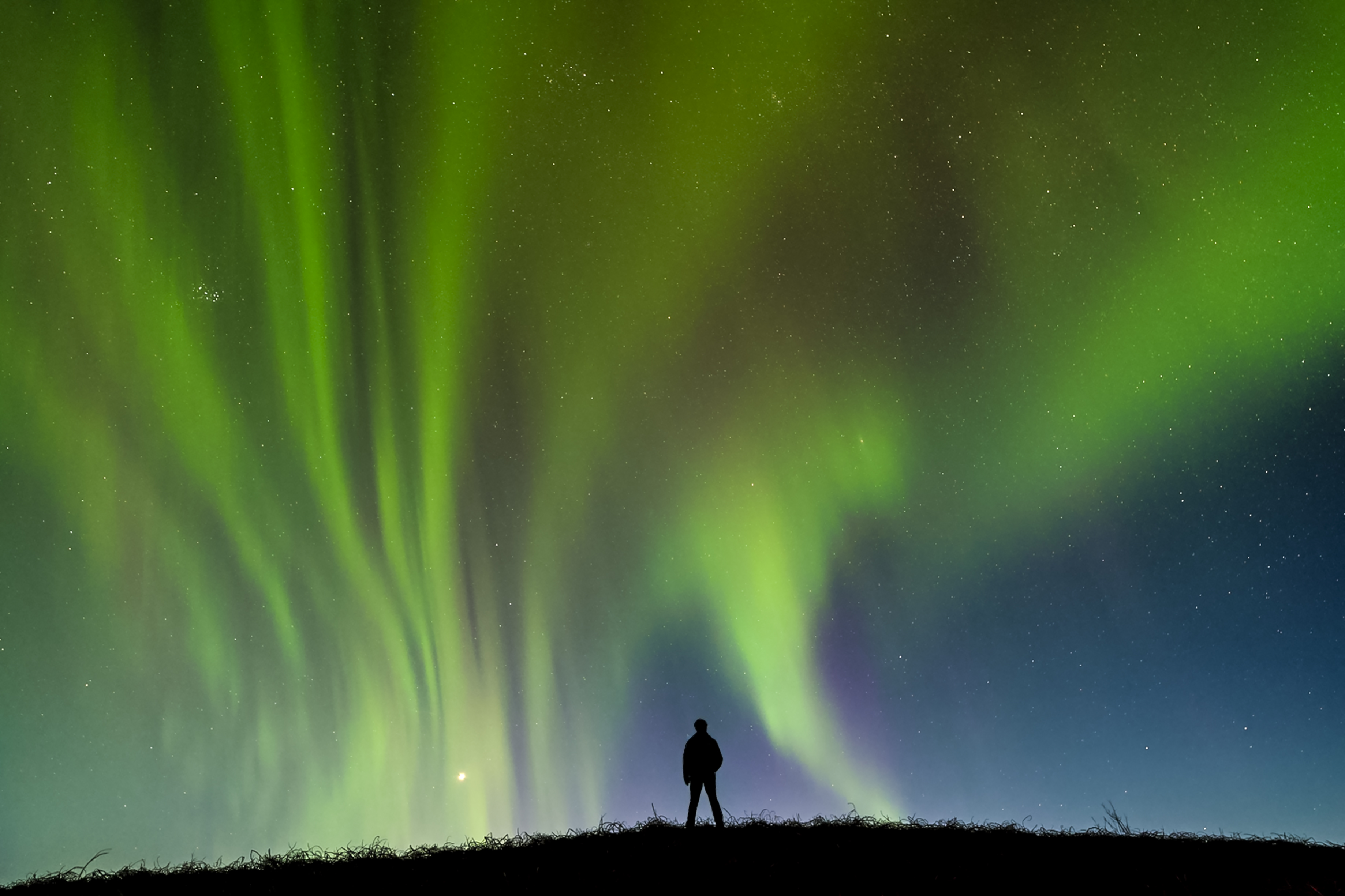 A silhouetted man stands on a hilltop seeming enveloped by the green and purple northern lights or aurora borealis of Southern Iceland.