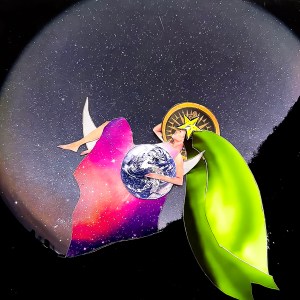 Sky Goddess, Mother Universal Goddess in starry sky laying back wtih aurora hair, holding earth and compass