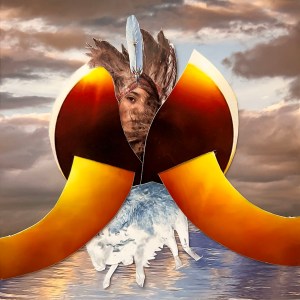 Native American Goddess in an abstract sphere and balanced curved rays with a white buffalo calf set in a lake and sky