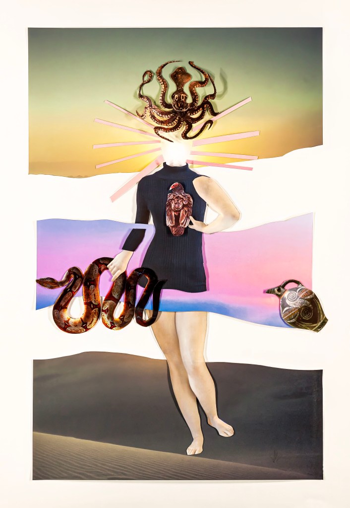 Light filled Goddess head and body holding vulture, large snake and with ancient pottery