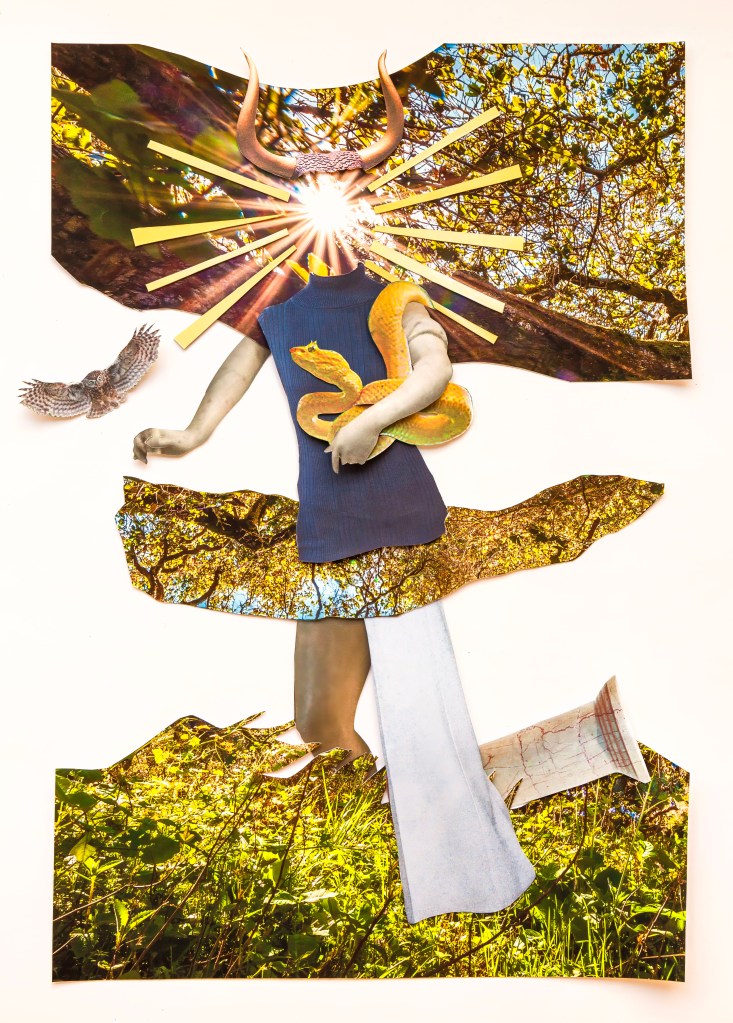 Light filled Goddess head surrounded with body of trees and hawk, holding a yellow snake
