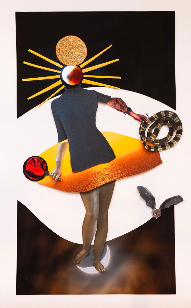 Light filled Goddess head with body of different images and backgrounds holding mirror and snake and a bat flying