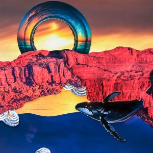 Portal, red rocks, humback whale in collage