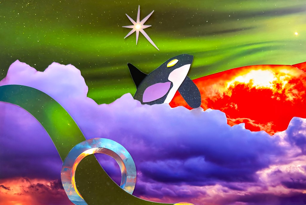 Orca swimming in the clouds and stars from a portal, spouting a shooting star