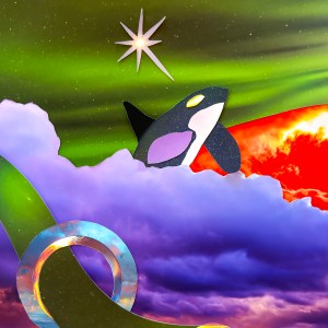 Orca swimming in the clouds and stars from a portal, spouting a shooting star
