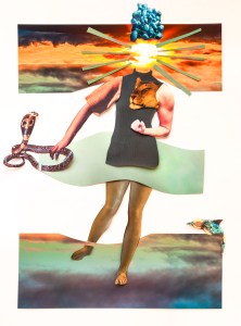 Light filled Goddess head collage with lion heart and with various images for body and background