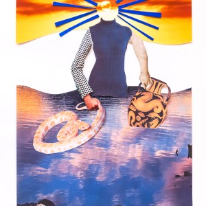 Light Filled Goddess head collage with snake, ancient pottery, standing in water - looks like she's treading water