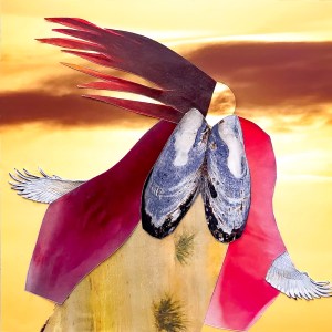 Bright yellow sunset with red cloud behind abstract native american Goddess figure with shells on her chest and white wings as hands and with a red cloak and yellow dress