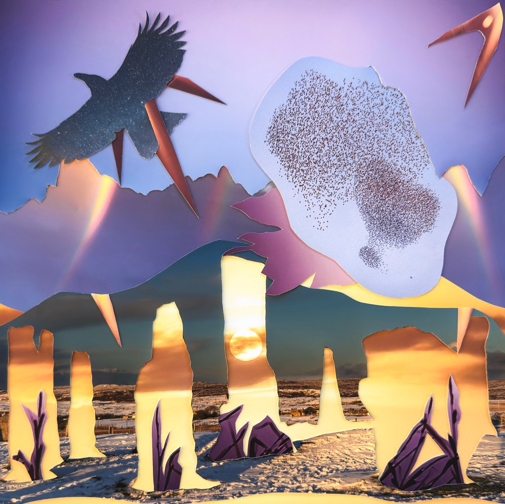 hand crafted photographic collage with birds and landscape imagery purples blues, yellows greens