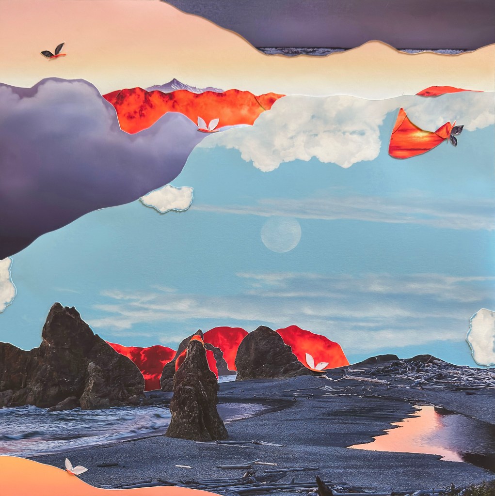 hand crafted photographic collage with landscape imagery purples blues, orange, ocean, rocks