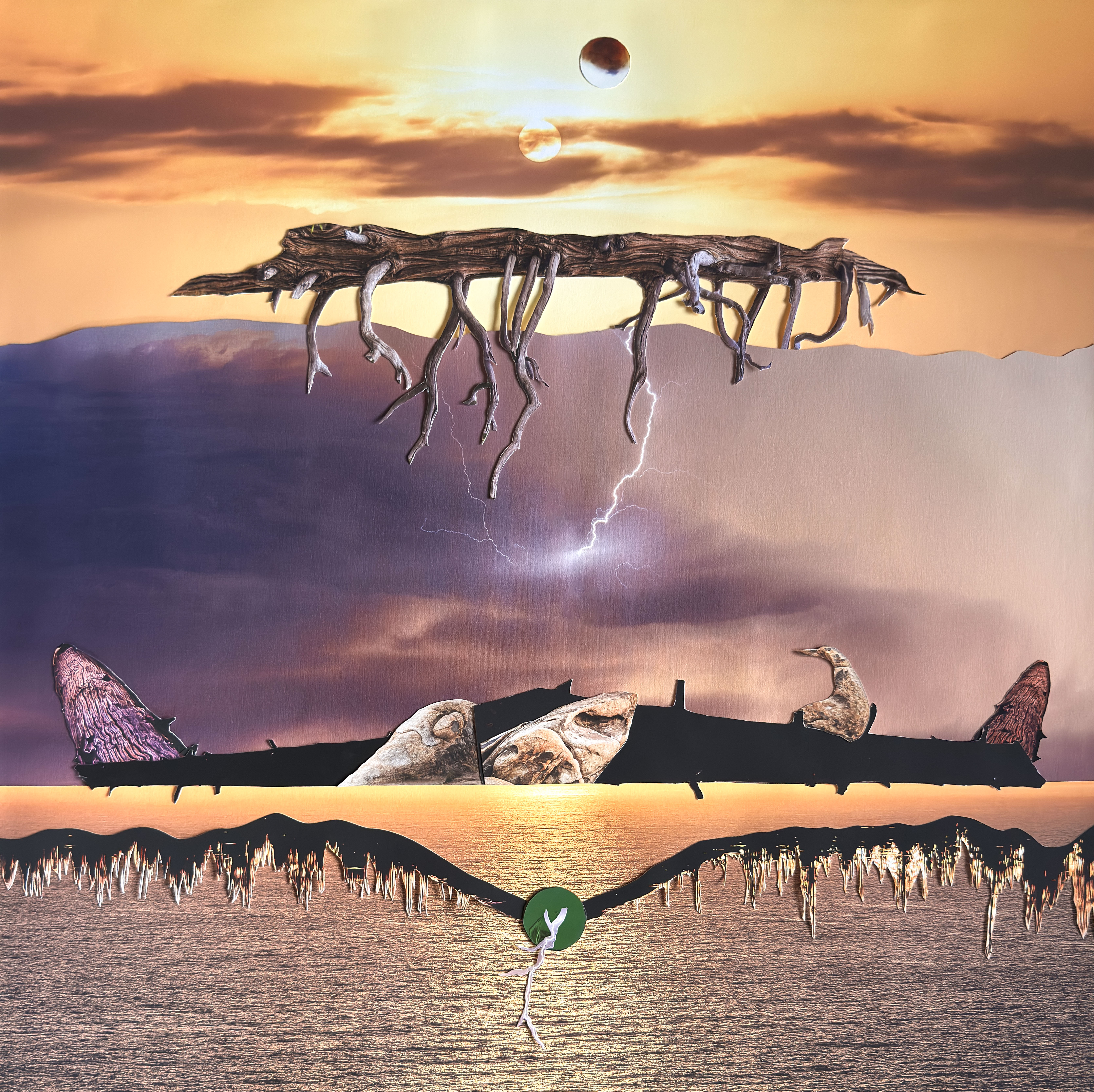 Hand crafted analog photographic collage with landscape photography, trees, ocean, sunset, sun water, lightning