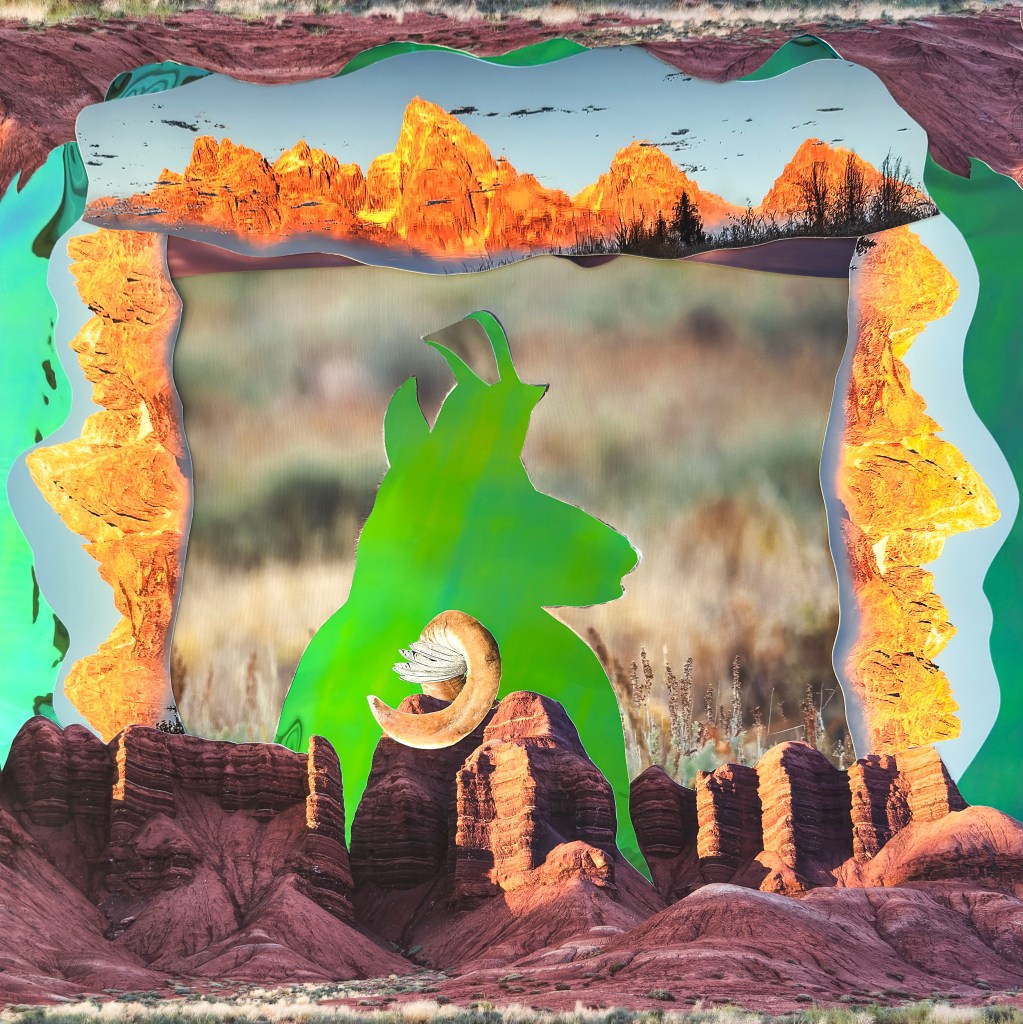 hand crafted photographic collage with landscape imagery purples orange, moiuntains rocks, trees, greens, reds antelope